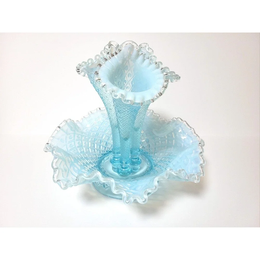 Vintage Fenton Opalescent Aqua Diamond Lace Epergne Centerpiece Vase 3 Horn